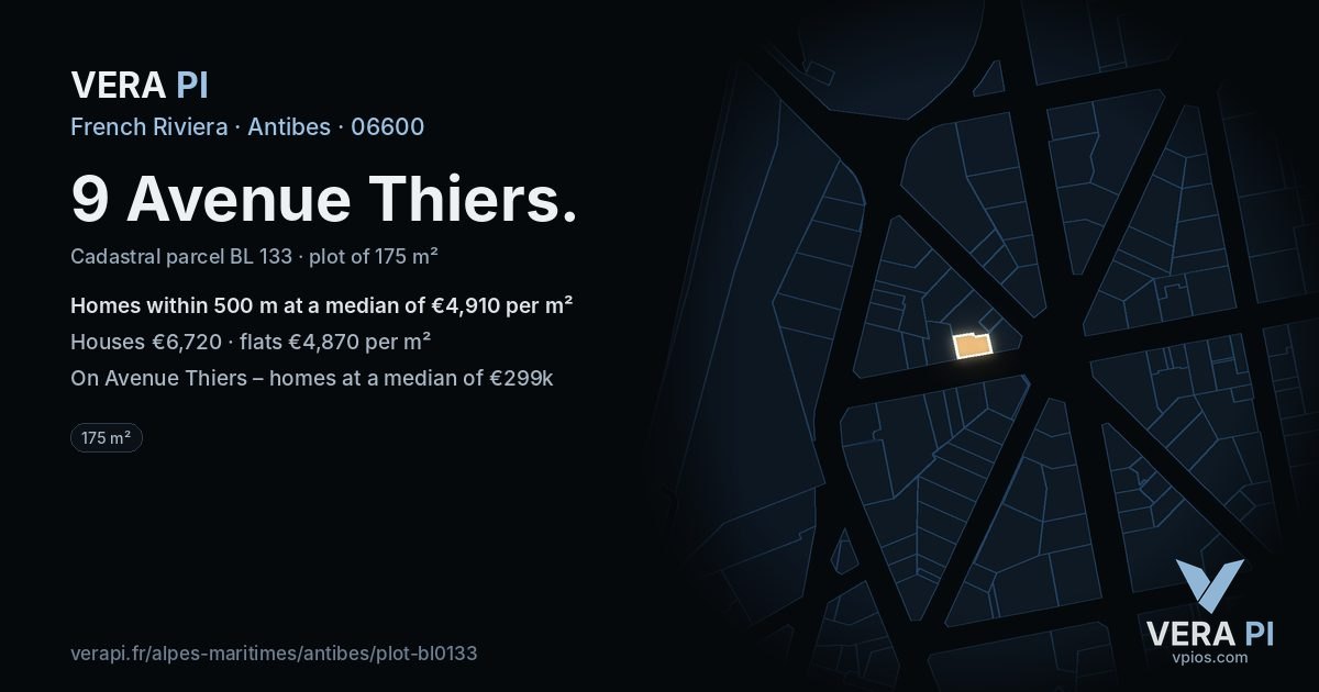 9 Avenue Thiers, Antibes at night – the plot lit, the parcels around coloured by the prices near them