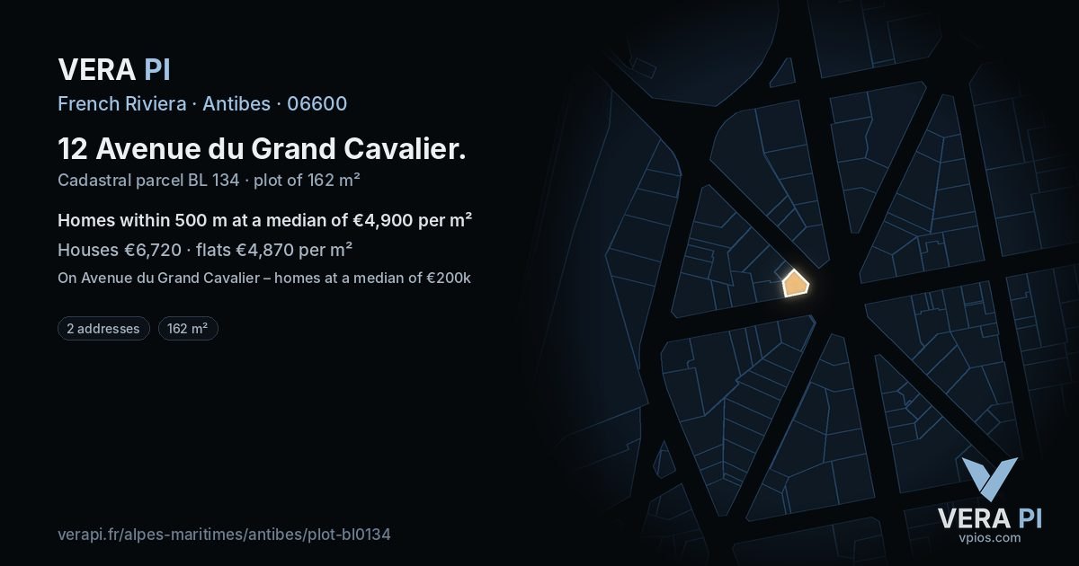 12 Avenue du Grand Cavalier, Antibes at night – the plot lit, the parcels around coloured by the prices near them