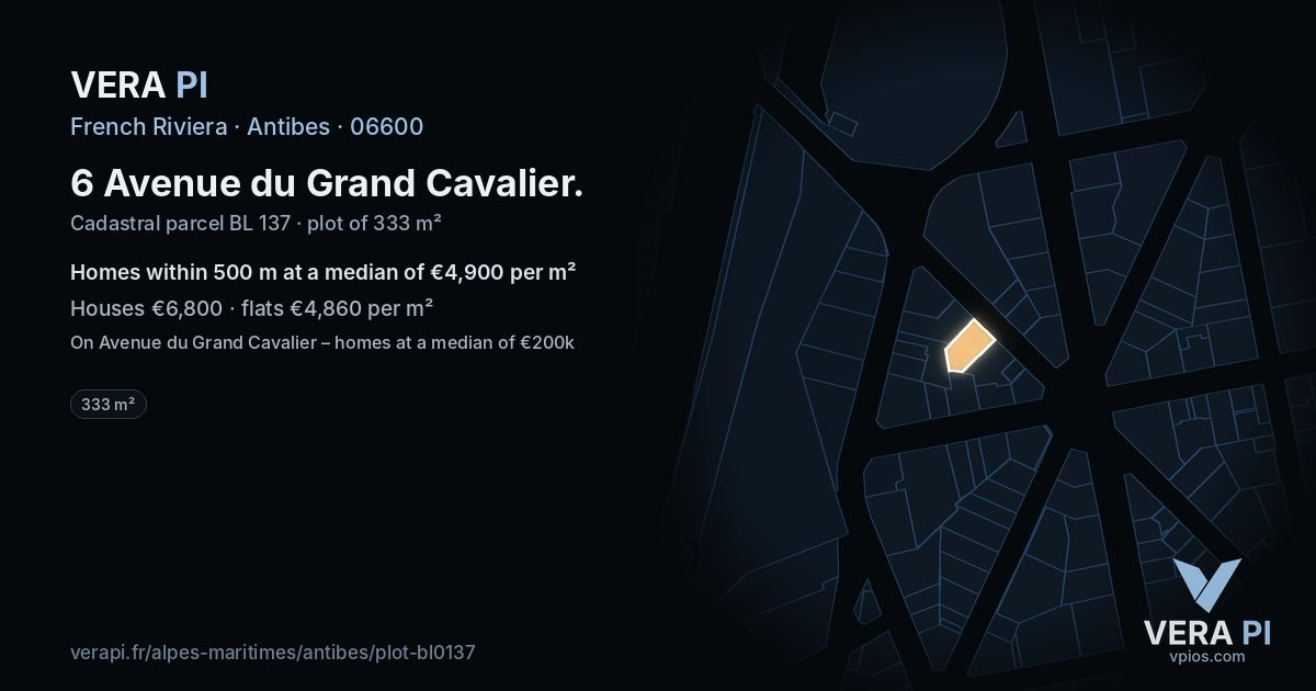 6 Avenue du Grand Cavalier, Antibes at night – the plot lit, the parcels around coloured by the prices near them