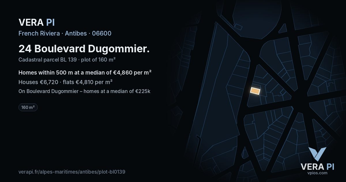 24 Boulevard Dugommier, Antibes at night – the plot lit, the parcels around coloured by the prices near them