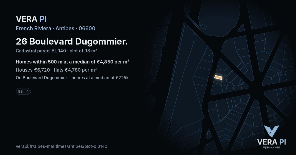 26 Boulevard Dugommier, Antibes at night – the plot lit, the parcels around coloured by the prices near them