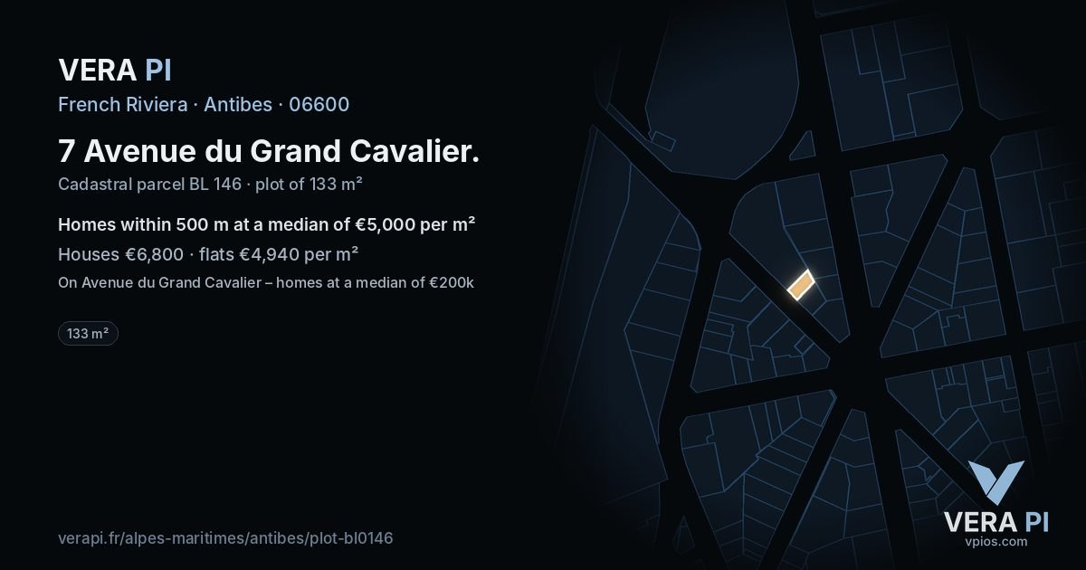 7 Avenue du Grand Cavalier, Antibes at night – the plot lit, the parcels around coloured by the prices near them