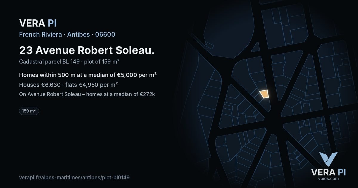23 Avenue Robert Soleau, Antibes at night – the plot lit, the parcels around coloured by the prices near them