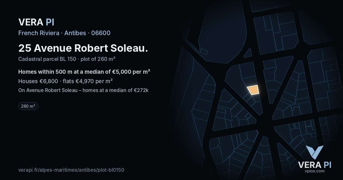 25 Avenue Robert Soleau, Antibes at night – the plot lit, the parcels around coloured by the prices near them