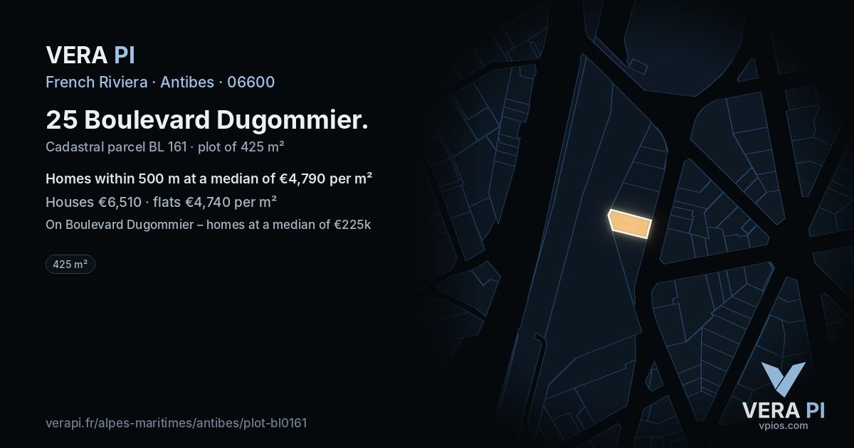 25 Boulevard Dugommier, Antibes at night – the plot lit, the parcels around coloured by the prices near them