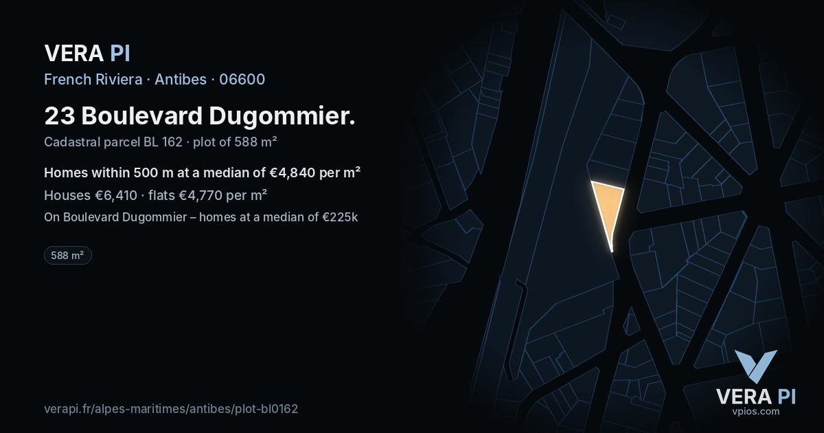 23 Boulevard Dugommier, Antibes at night – the plot lit, the parcels around coloured by the prices near them