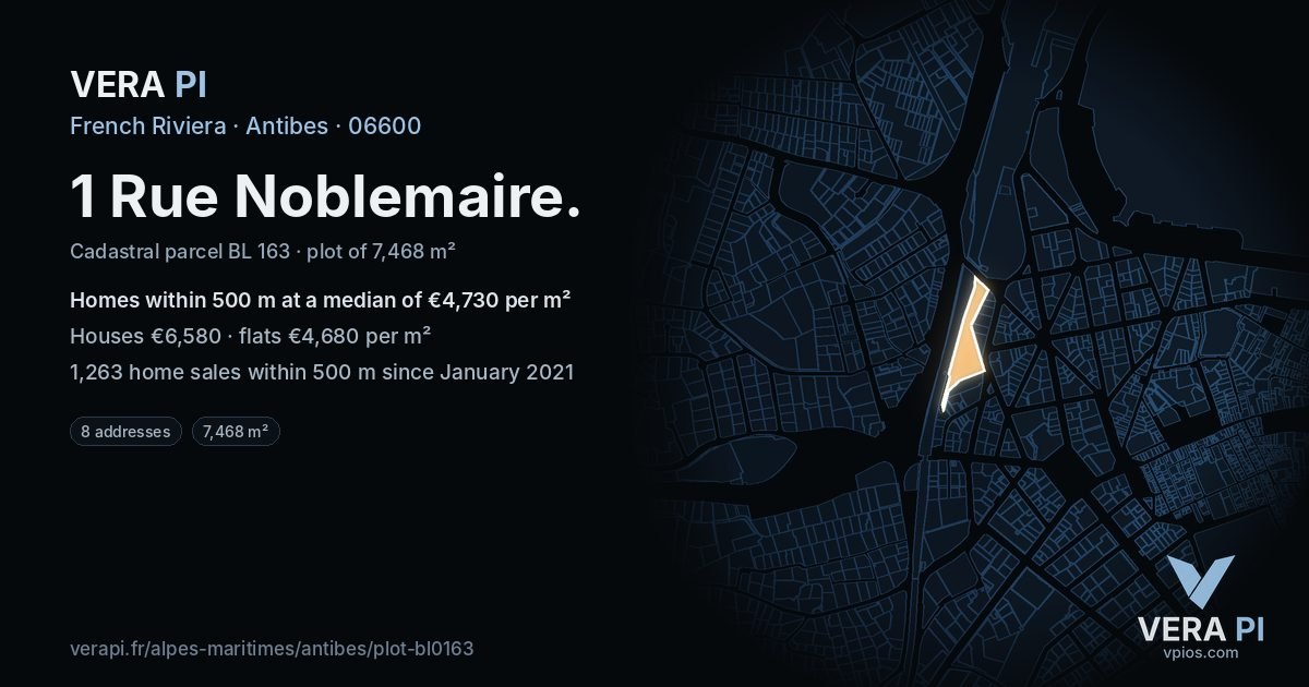 1 Rue Noblemaire, Antibes at night – the plot lit, the parcels around coloured by the prices near them