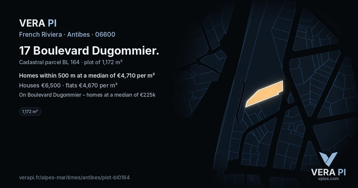 17 Boulevard Dugommier, Antibes at night – the plot lit, the parcels around coloured by the prices near them
