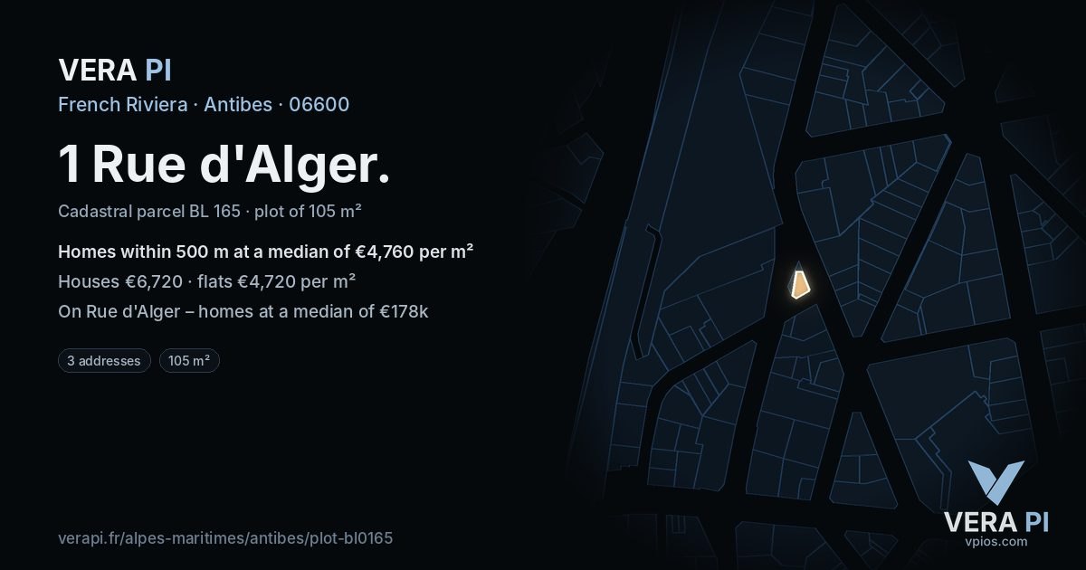 1 Rue d'Alger, Antibes at night – the plot lit, the parcels around coloured by the prices near them