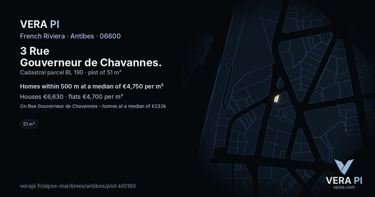 3 Rue Gouverneur de Chavannes, Antibes at night – the plot lit, the parcels around coloured by the prices near them