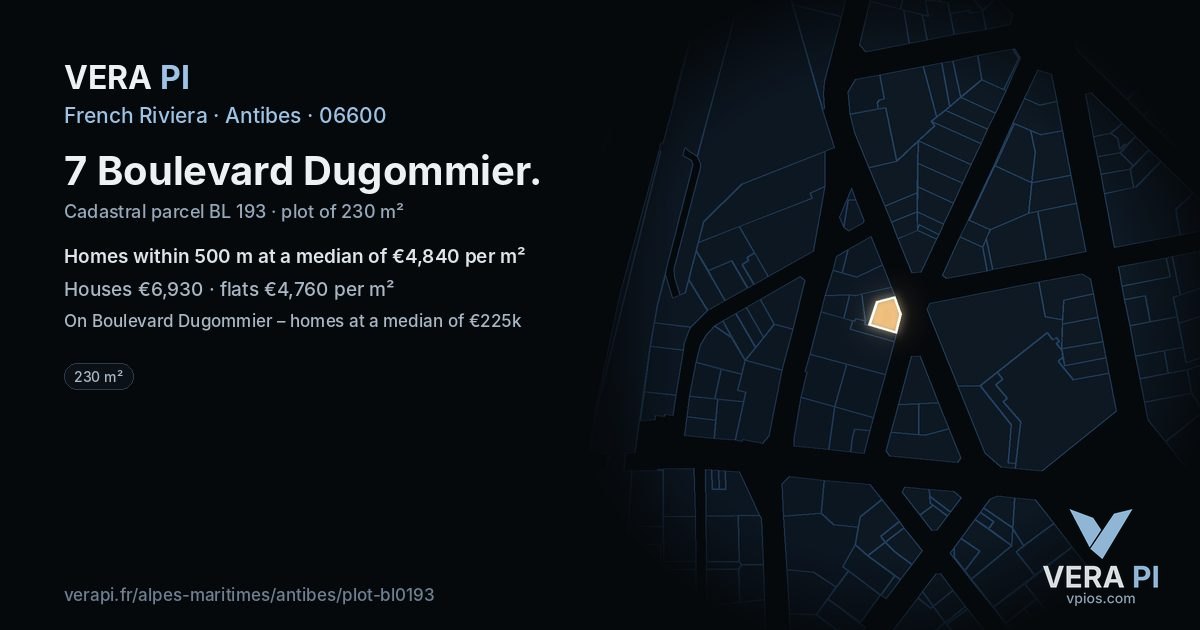 7 Boulevard Dugommier, Antibes at night – the plot lit, the parcels around coloured by the prices near them