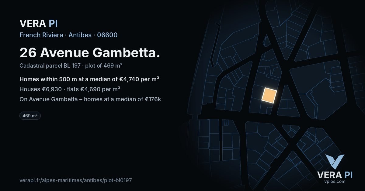 26 Avenue Gambetta, Antibes at night – the plot lit, the parcels around coloured by the prices near them