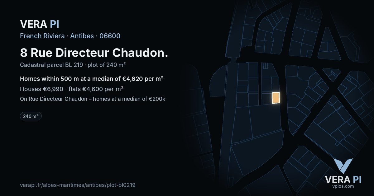 8 Rue Directeur Chaudon, Antibes at night – the plot lit, the parcels around coloured by the prices near them