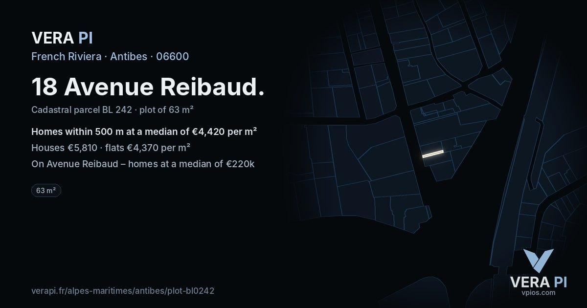 18 Avenue Reibaud, Antibes at night – the plot lit, the parcels around coloured by the prices near them