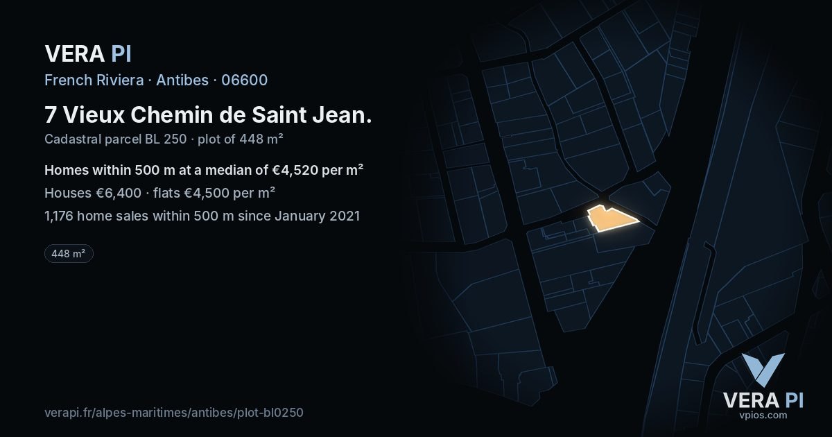 7 Vieux Chemin de Saint Jean, Antibes at night – the plot lit, the parcels around coloured by the prices near them