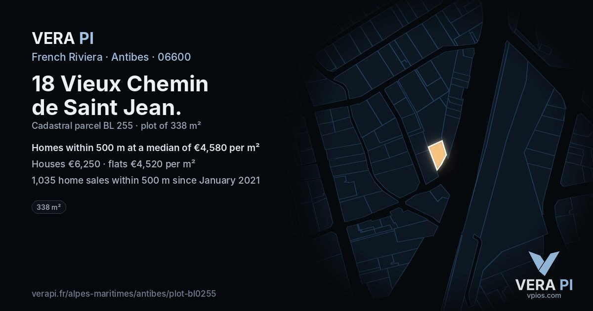 18 Vieux Chemin de Saint Jean, Antibes at night – the plot lit, the parcels around coloured by the prices near them