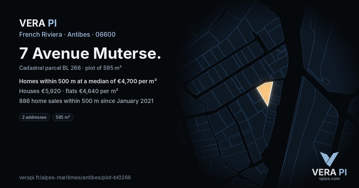 7 Avenue Muterse, Antibes at night – the plot lit, the parcels around coloured by the prices near them