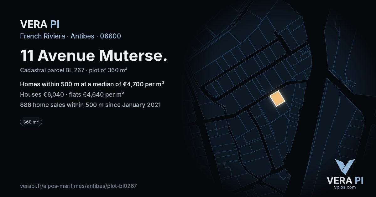 11 Avenue Muterse, Antibes at night – the plot lit, the parcels around coloured by the prices near them