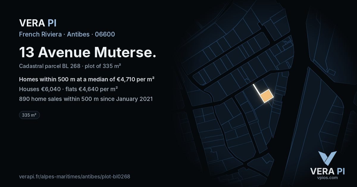 13 Avenue Muterse, Antibes at night – the plot lit, the parcels around coloured by the prices near them