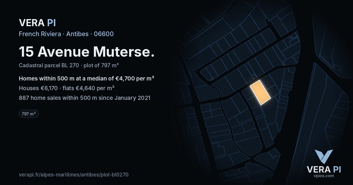 15 Avenue Muterse, Antibes at night – the plot lit, the parcels around coloured by the prices near them