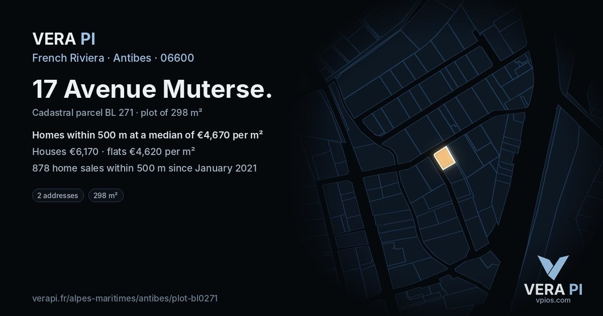 17 Avenue Muterse, Antibes at night – the plot lit, the parcels around coloured by the prices near them