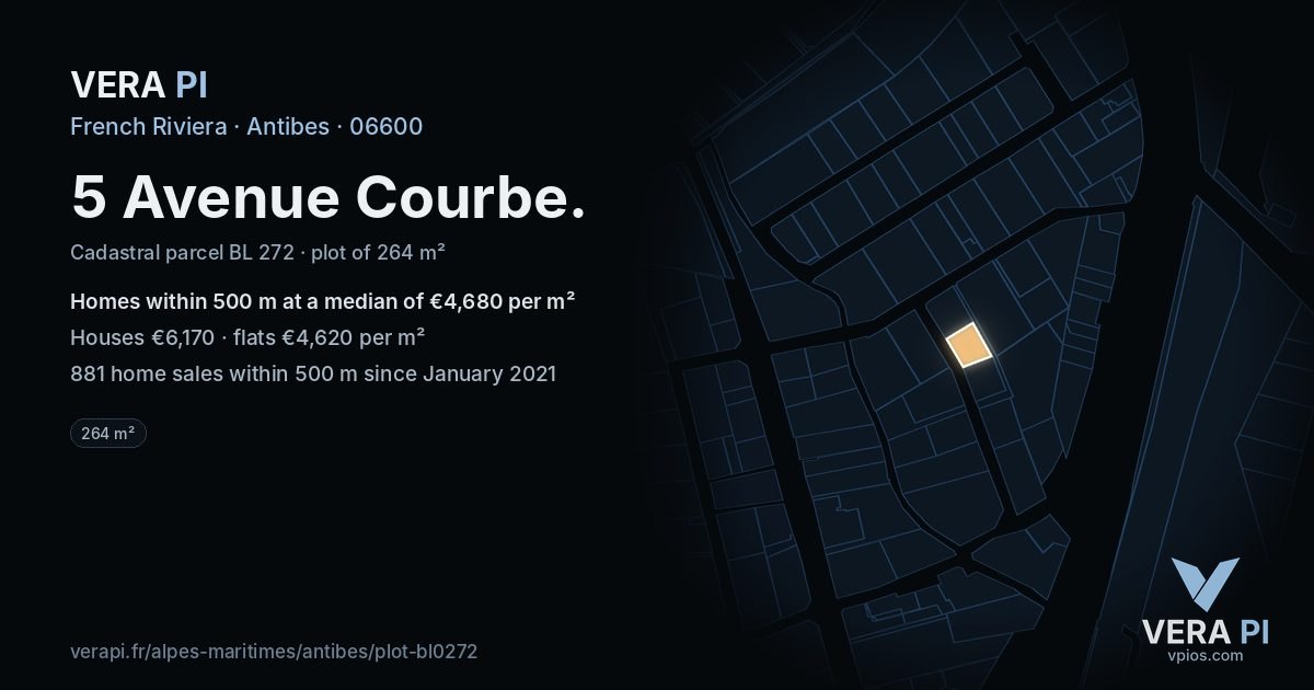 5 Avenue Courbe, Antibes at night – the plot lit, the parcels around coloured by the prices near them