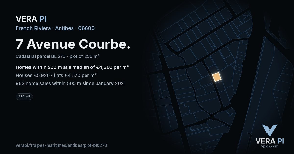 7 Avenue Courbe, Antibes at night – the plot lit, the parcels around coloured by the prices near them