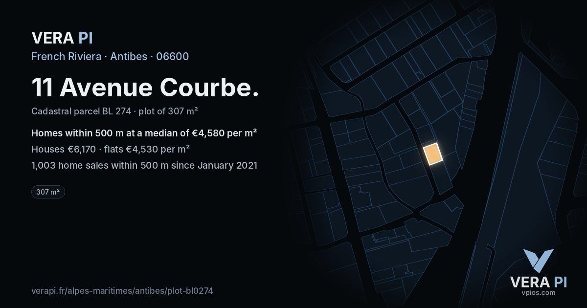 11 Avenue Courbe, Antibes at night – the plot lit, the parcels around coloured by the prices near them