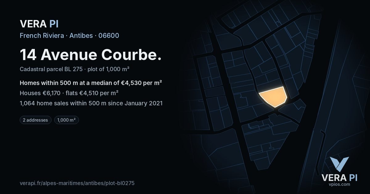 14 Avenue Courbe, Antibes at night – the plot lit, the parcels around coloured by the prices near them