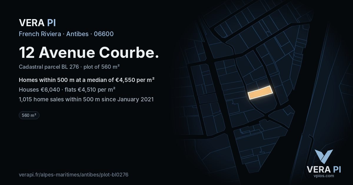 12 Avenue Courbe, Antibes at night – the plot lit, the parcels around coloured by the prices near them