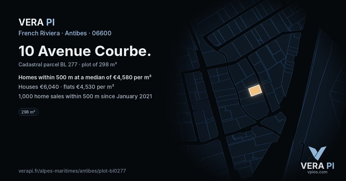 10 Avenue Courbe, Antibes at night – the plot lit, the parcels around coloured by the prices near them