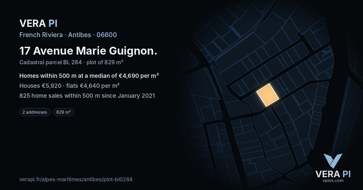 17 Avenue Marie Guignon, Antibes at night – the plot lit, the parcels around coloured by the prices near them