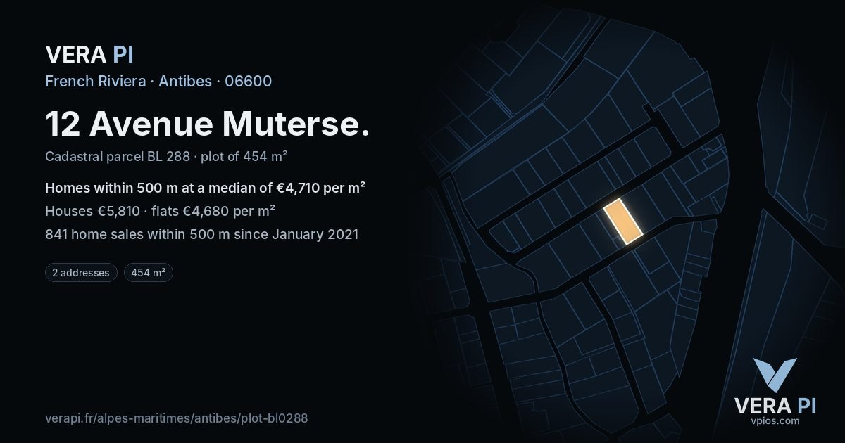 12 Avenue Muterse, Antibes at night – the plot lit, the parcels around coloured by the prices near them