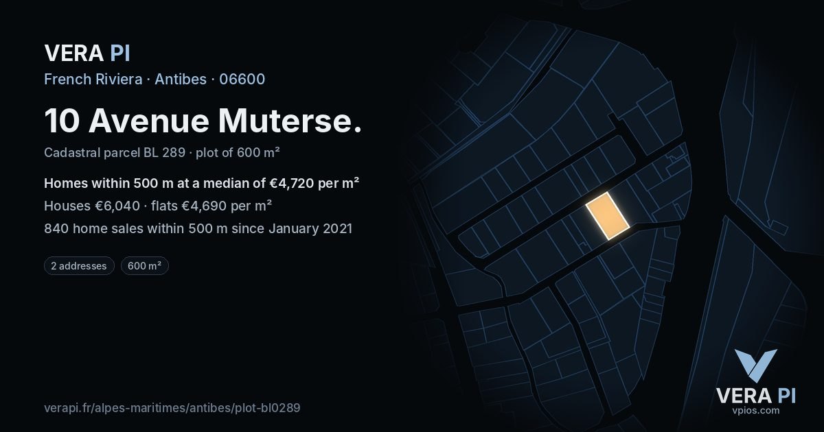 10 Avenue Muterse, Antibes at night – the plot lit, the parcels around coloured by the prices near them