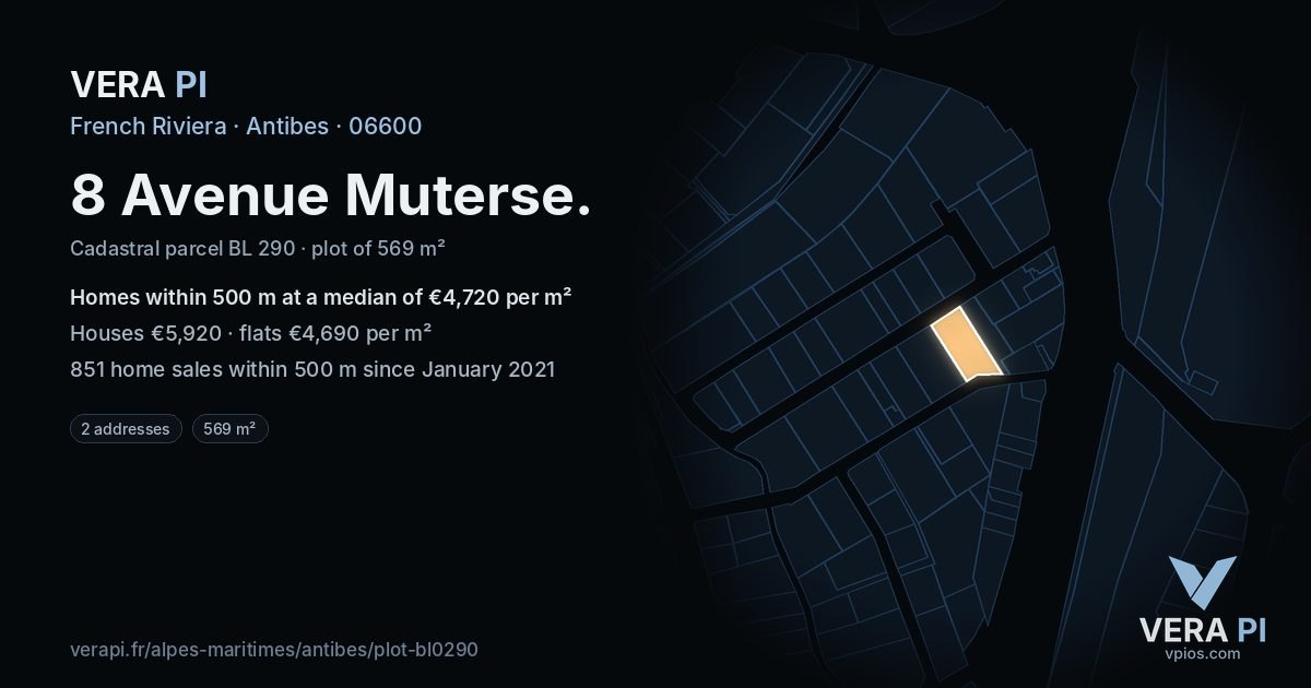 8 Avenue Muterse, Antibes at night – the plot lit, the parcels around coloured by the prices near them