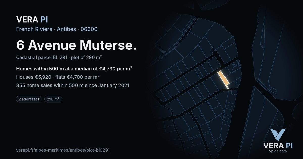 6 Avenue Muterse, Antibes at night – the plot lit, the parcels around coloured by the prices near them