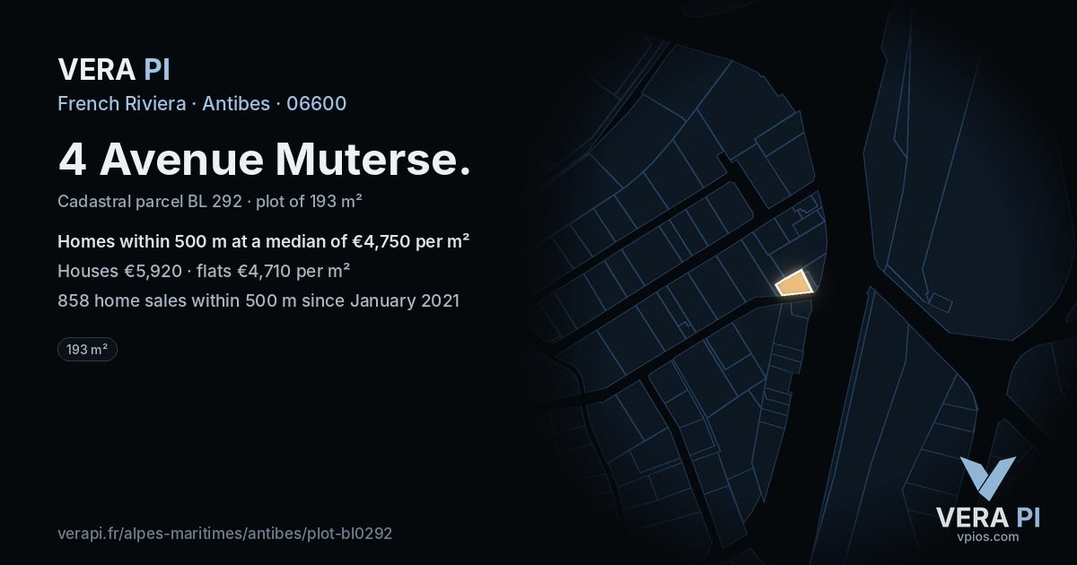 4 Avenue Muterse, Antibes at night – the plot lit, the parcels around coloured by the prices near them