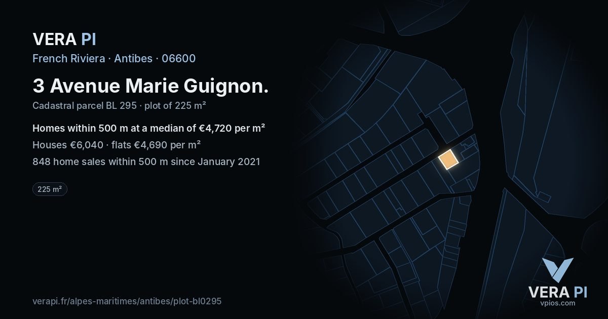 3 Avenue Marie Guignon, Antibes at night – the plot lit, the parcels around coloured by the prices near them