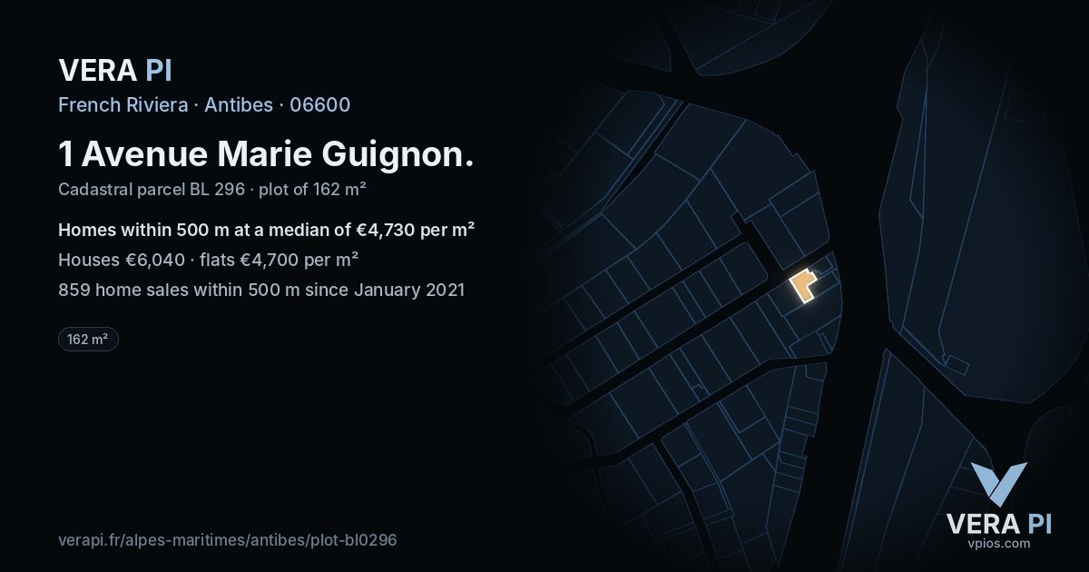 1 Avenue Marie Guignon, Antibes at night – the plot lit, the parcels around coloured by the prices near them
