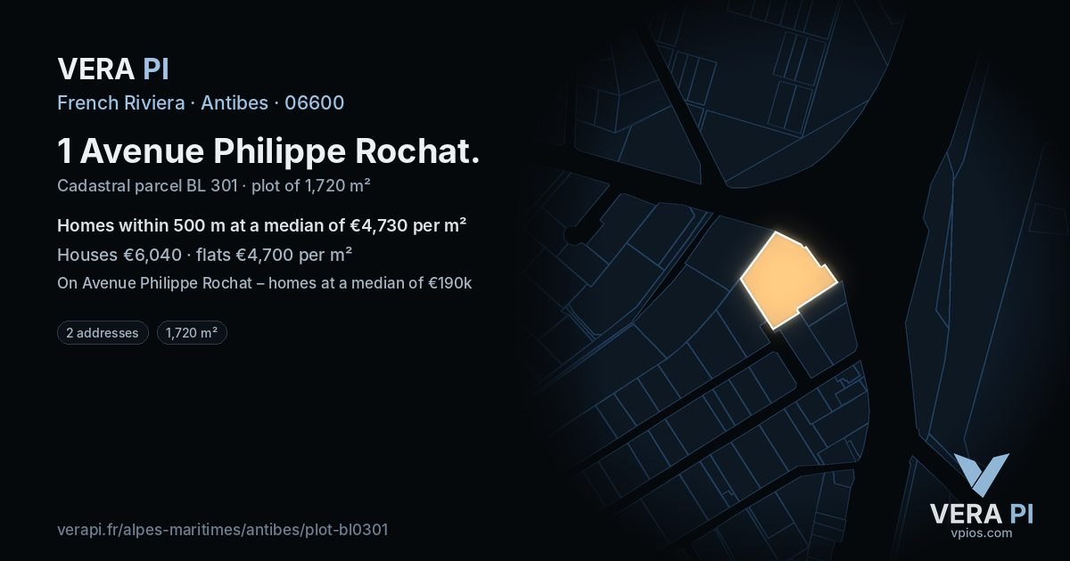1 Avenue Philippe Rochat, Antibes at night – the plot lit, the parcels around coloured by the prices near them