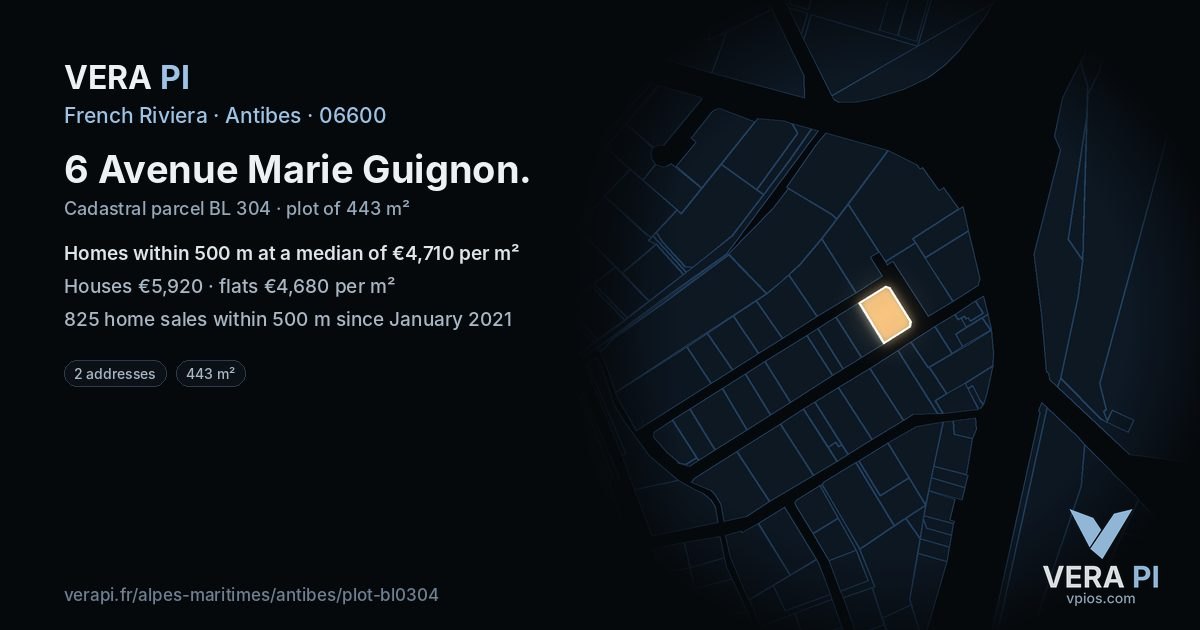 6 Avenue Marie Guignon, Antibes at night – the plot lit, the parcels around coloured by the prices near them