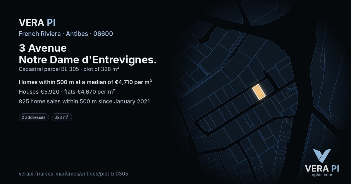 3 Avenue Notre Dame d'Entrevignes, Antibes at night – the plot lit, the parcels around coloured by the prices near them