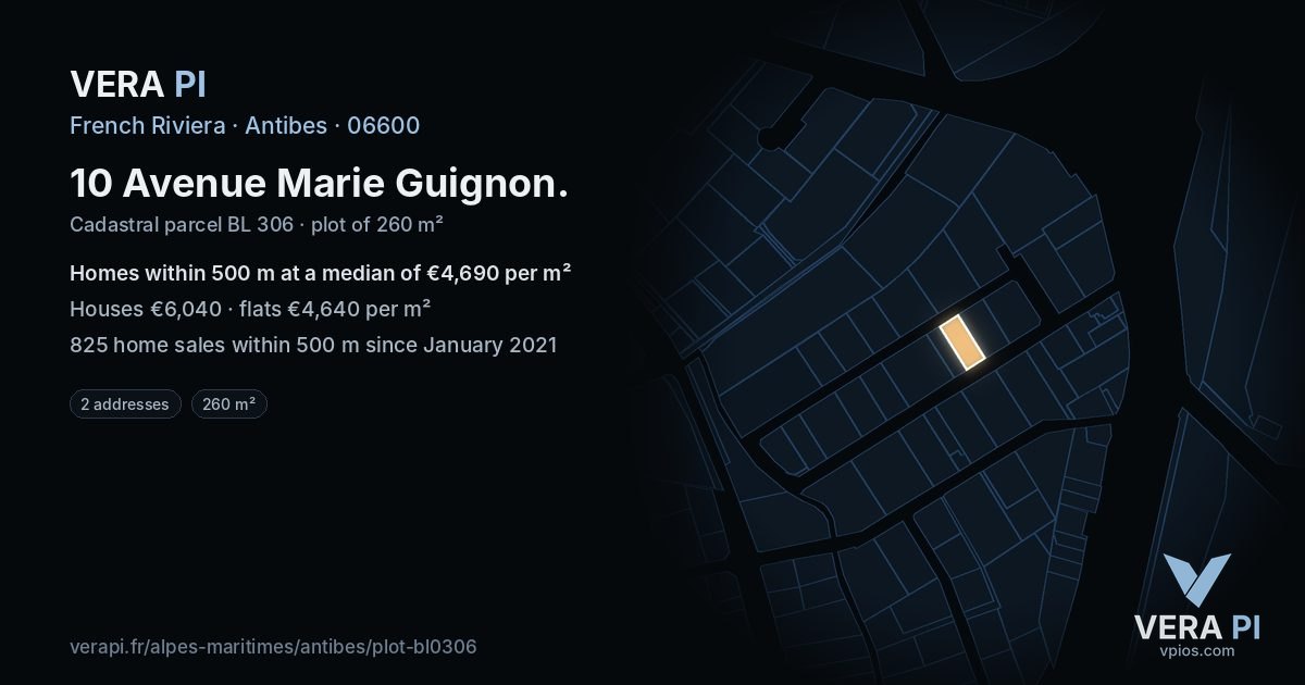 10 Avenue Marie Guignon, Antibes at night – the plot lit, the parcels around coloured by the prices near them