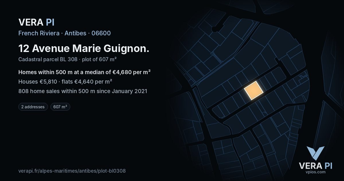 12 Avenue Marie Guignon, Antibes at night – the plot lit, the parcels around coloured by the prices near them