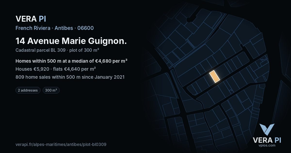 14 Avenue Marie Guignon, Antibes at night – the plot lit, the parcels around coloured by the prices near them