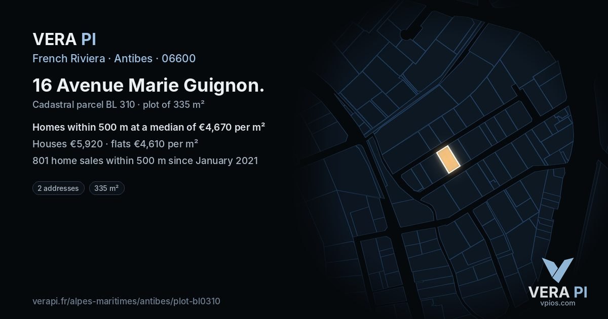 16 Avenue Marie Guignon, Antibes at night – the plot lit, the parcels around coloured by the prices near them