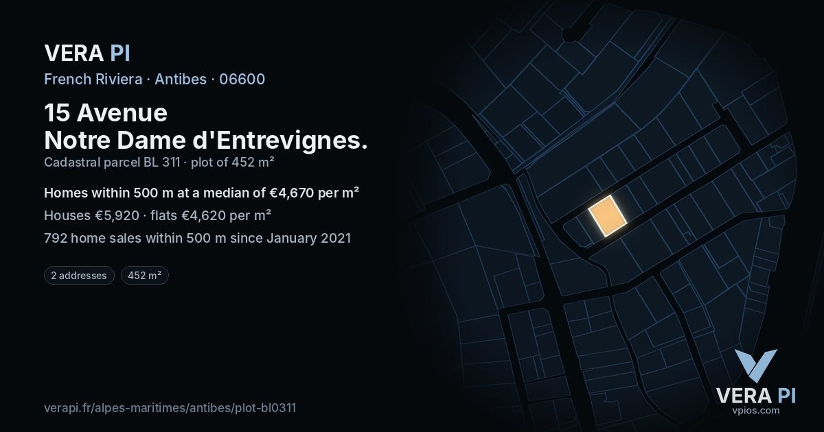 15 Avenue Notre Dame d'Entrevignes, Antibes at night – the plot lit, the parcels around coloured by the prices near them
