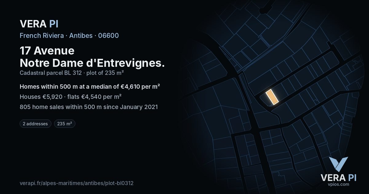 17 Avenue Notre Dame d'Entrevignes, Antibes at night – the plot lit, the parcels around coloured by the prices near them