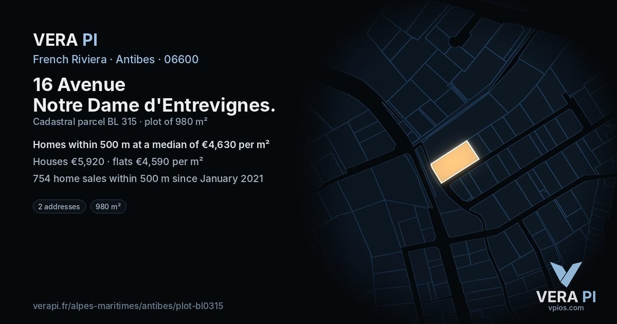 16 Avenue Notre Dame d'Entrevignes, Antibes at night – the plot lit, the parcels around coloured by the prices near them