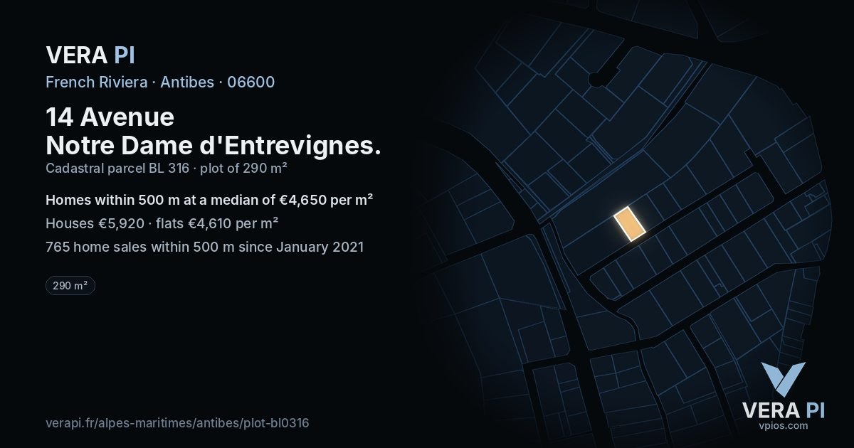 14 Avenue Notre Dame d'Entrevignes, Antibes at night – the plot lit, the parcels around coloured by the prices near them